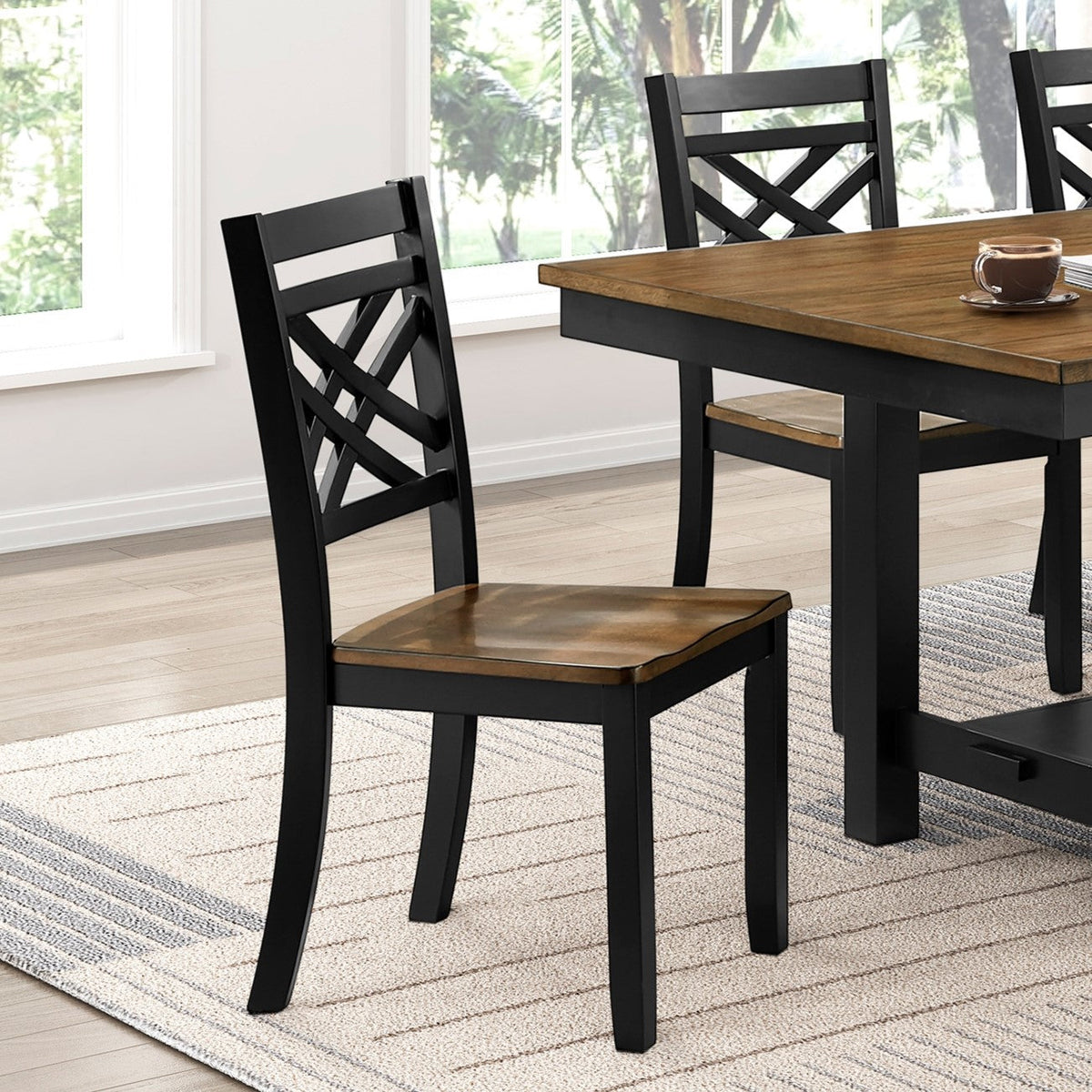 2-Tone Black Brown Finish Dining Chairs Set of 2 Modern Farmhouse Wooden Furniture