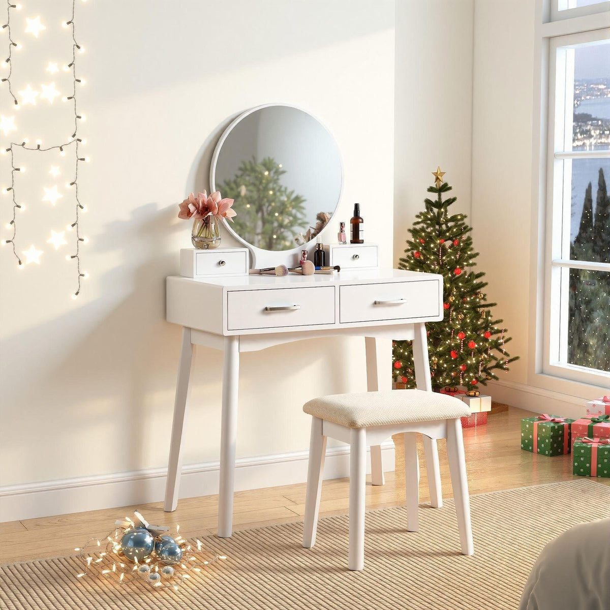 Liannon Contemporary Wood Vanity and Stool Set, White