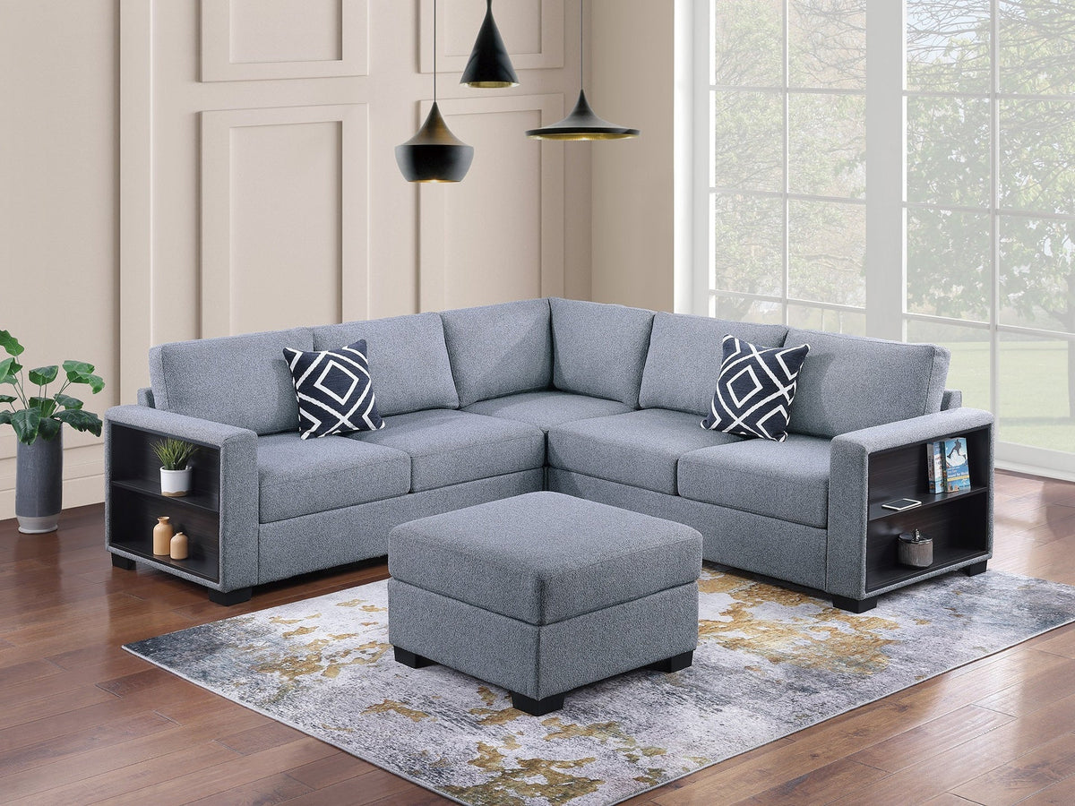 Contemporary Functional Sectional Sofa 4pc Set Gray Boucle Couch Loveseat w Built-in Shelfs Wedge, Ottoman Living Room Furniture L-Shaped Design Couch