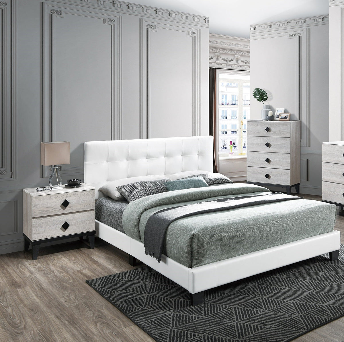 Modern Style 1pc Full Size Bed Faux Leather Middle Support Legs Rectangle Headboard White Finish Bedroom Furniture
