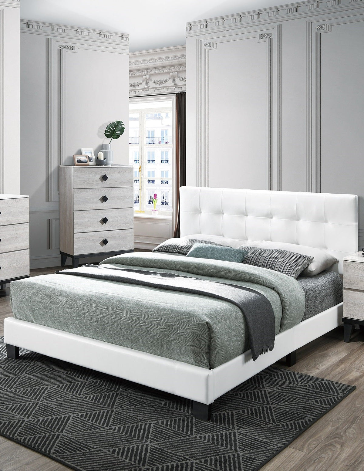 Modern Style 1pc Full Size Bed Faux Leather Middle Support Legs Rectangle Headboard White Finish Bedroom Furniture