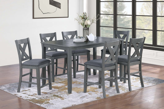 Modern Style Gray Dining Table 6x Chairs 7pcs Counter Height Set Cushion Seat Nailhead X-Cross Back Chairs Dining Room Furniture