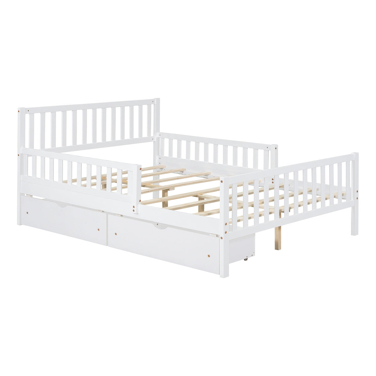 Full Size Wood Platform Bed with Guardrails on Both Sides and Two Storage Drawers ,White