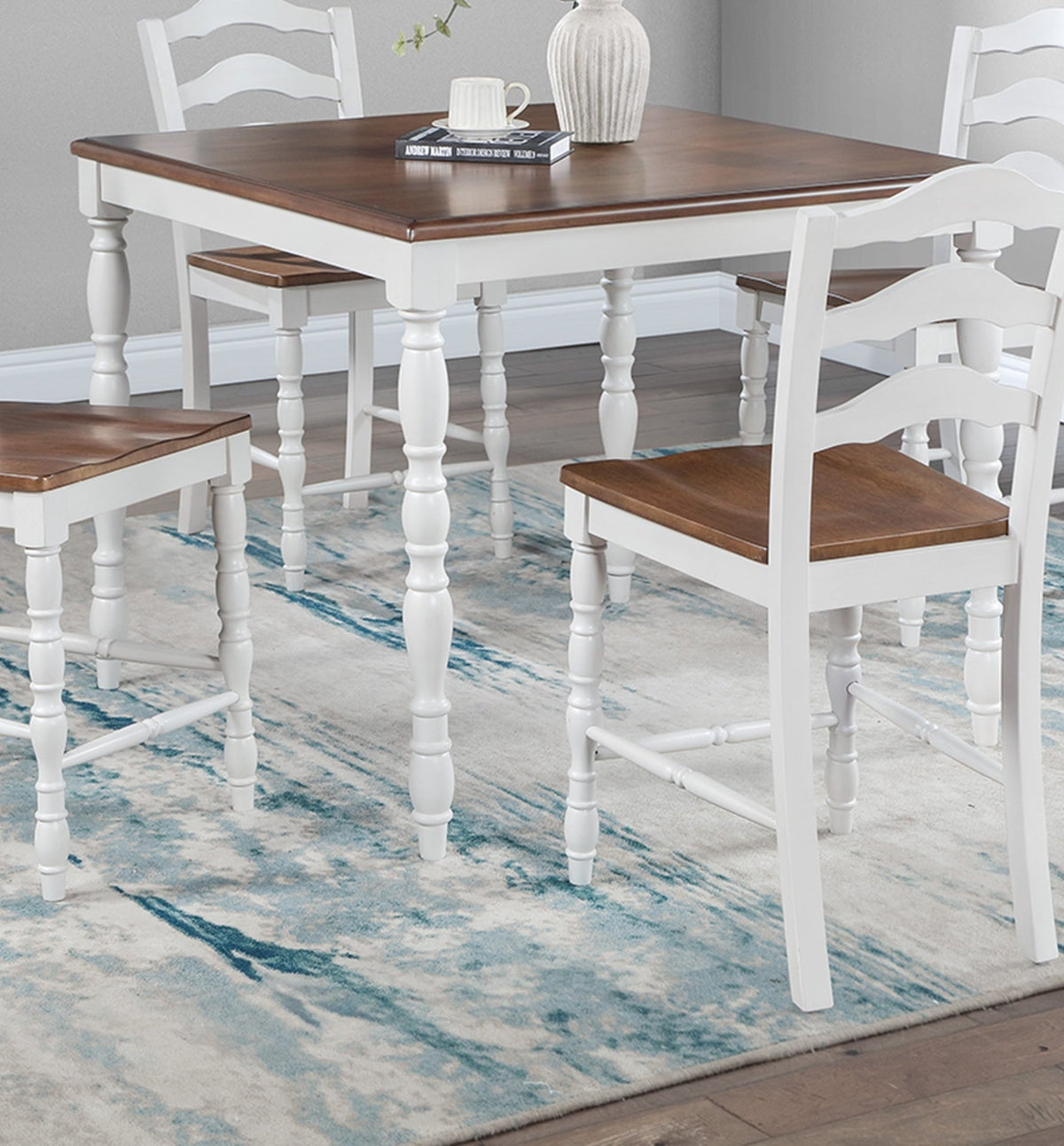 White 5-Pc Counter Height Dining Set Dining Table 4 x Chairs Natural wood Grain Look Table Top Classic Dining Room