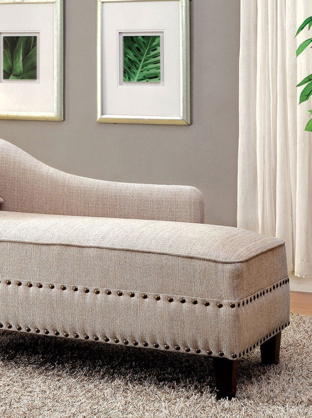 Modern Contemporary 1pc Chaise Beige Linen Like Fabric Nailhead Trim Living Room Bench Pillow