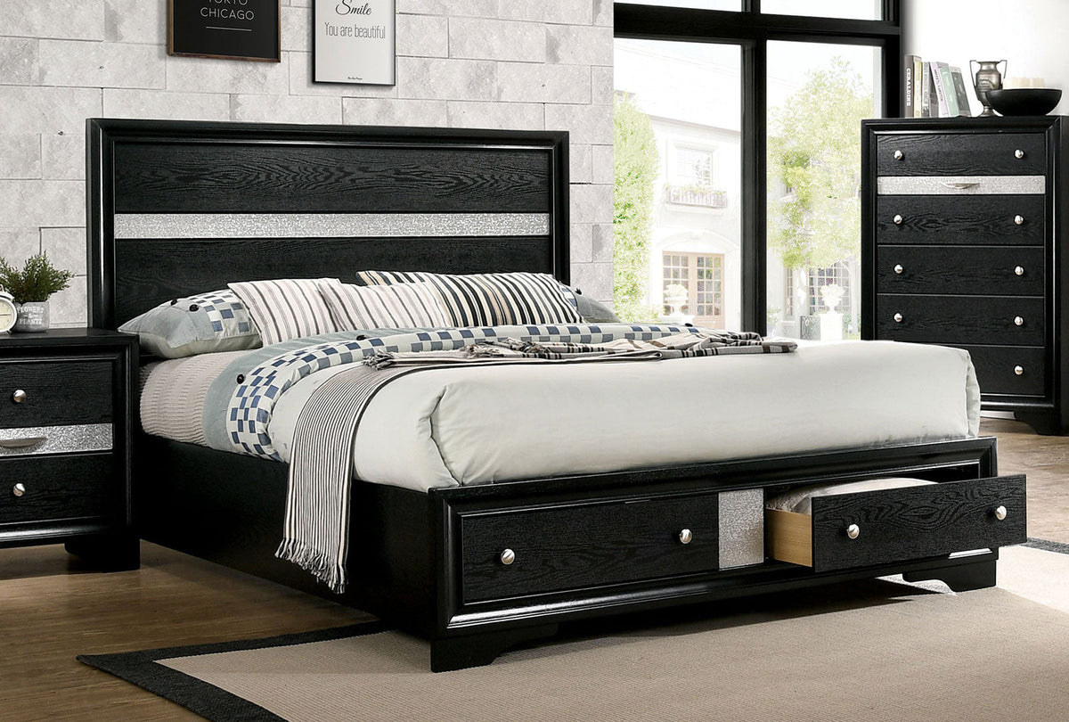 1pc Contemporary Queen Size Bed Black Solidwood 1pc Bed Bedroom Furniture Storage FB