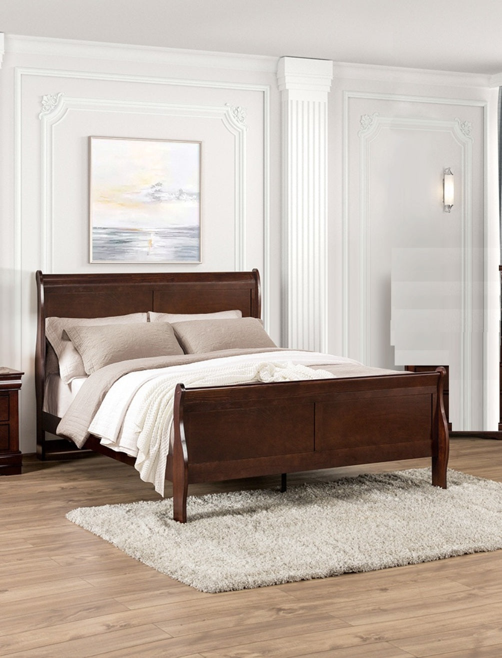 Dark Cherry Sleigh Design 1pc Queen Size Bed Bedroom Furniture Louis Phillipe Bed Bracket Feet Wooden