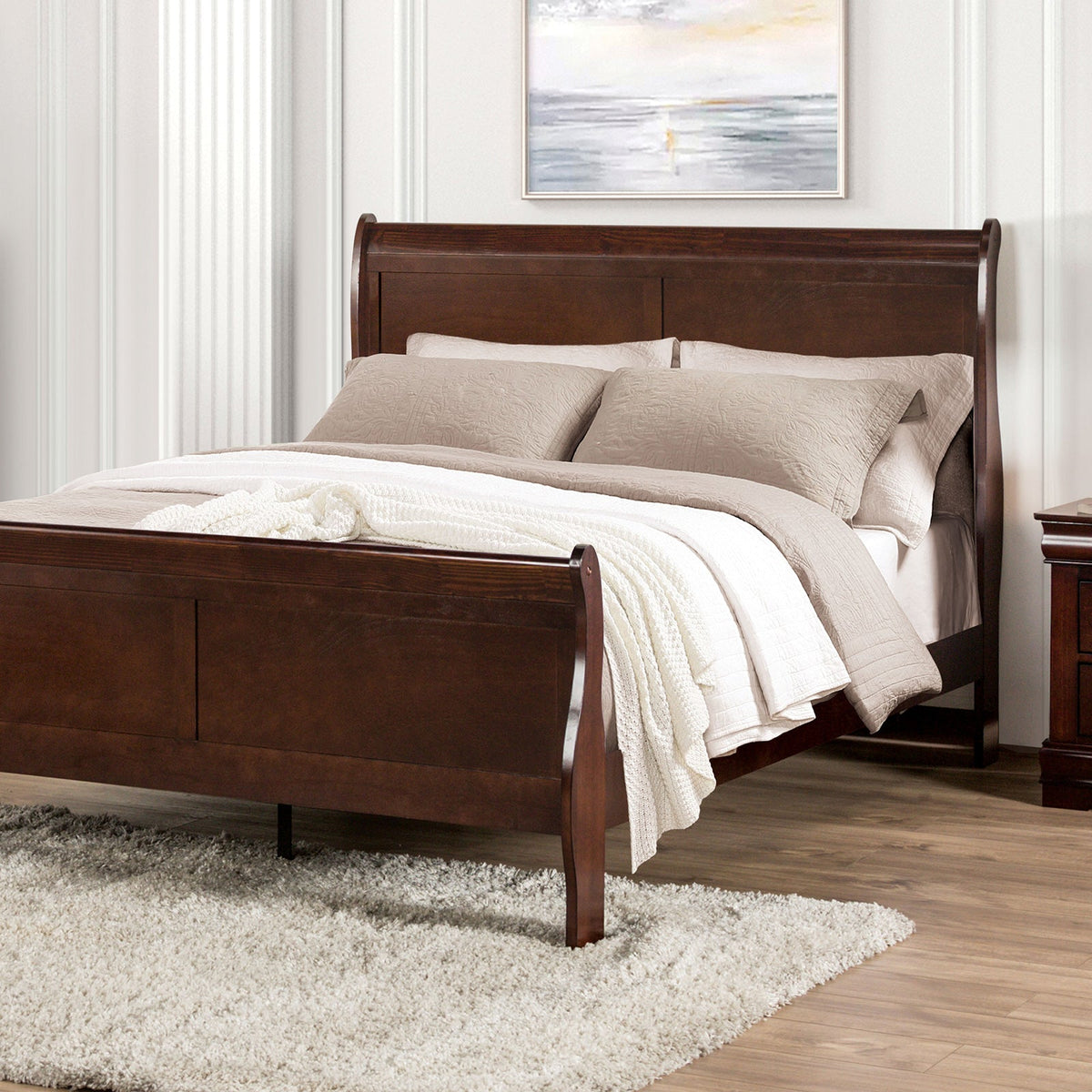 Dark Cherry Sleigh Design 1pc Queen Size Bed Bedroom Furniture Louis Phillipe Bed Bracket Feet Wooden