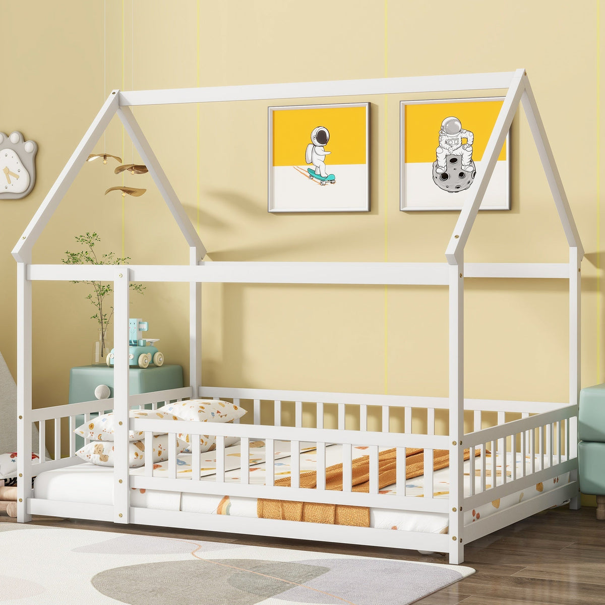 Full Size House Floor Wooden Bed with Roof Frame, Safety Guardrails,Whtie