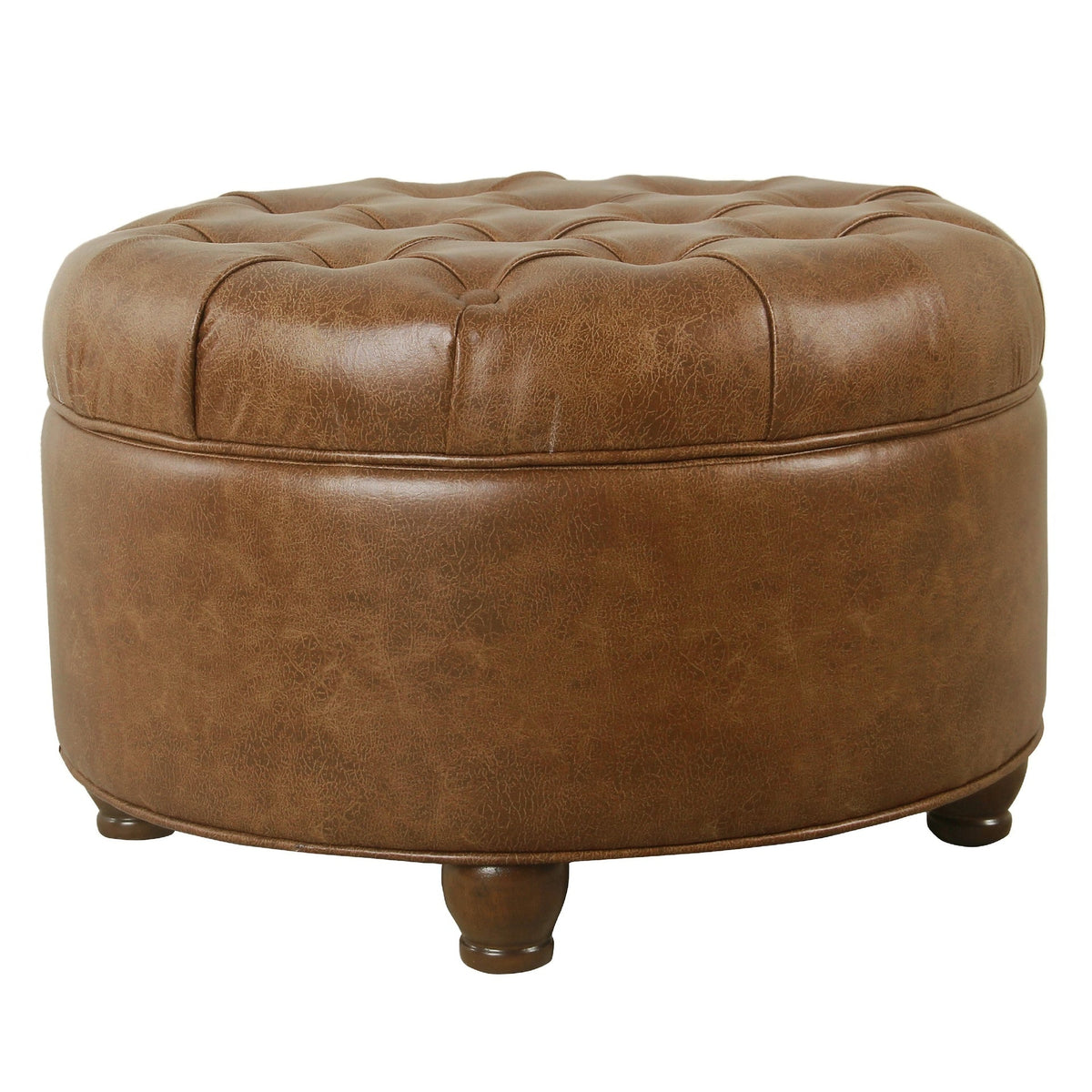 Gery Accent Storage Ottoman, 25 Inch Round Tray Top Brown Faux Leather