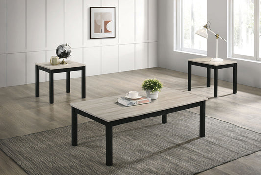 Light Gray Finish 3pc Table Set 1x Coffee Table 2x End Table Faux Marble Top Wooden Legs Primary Living Room