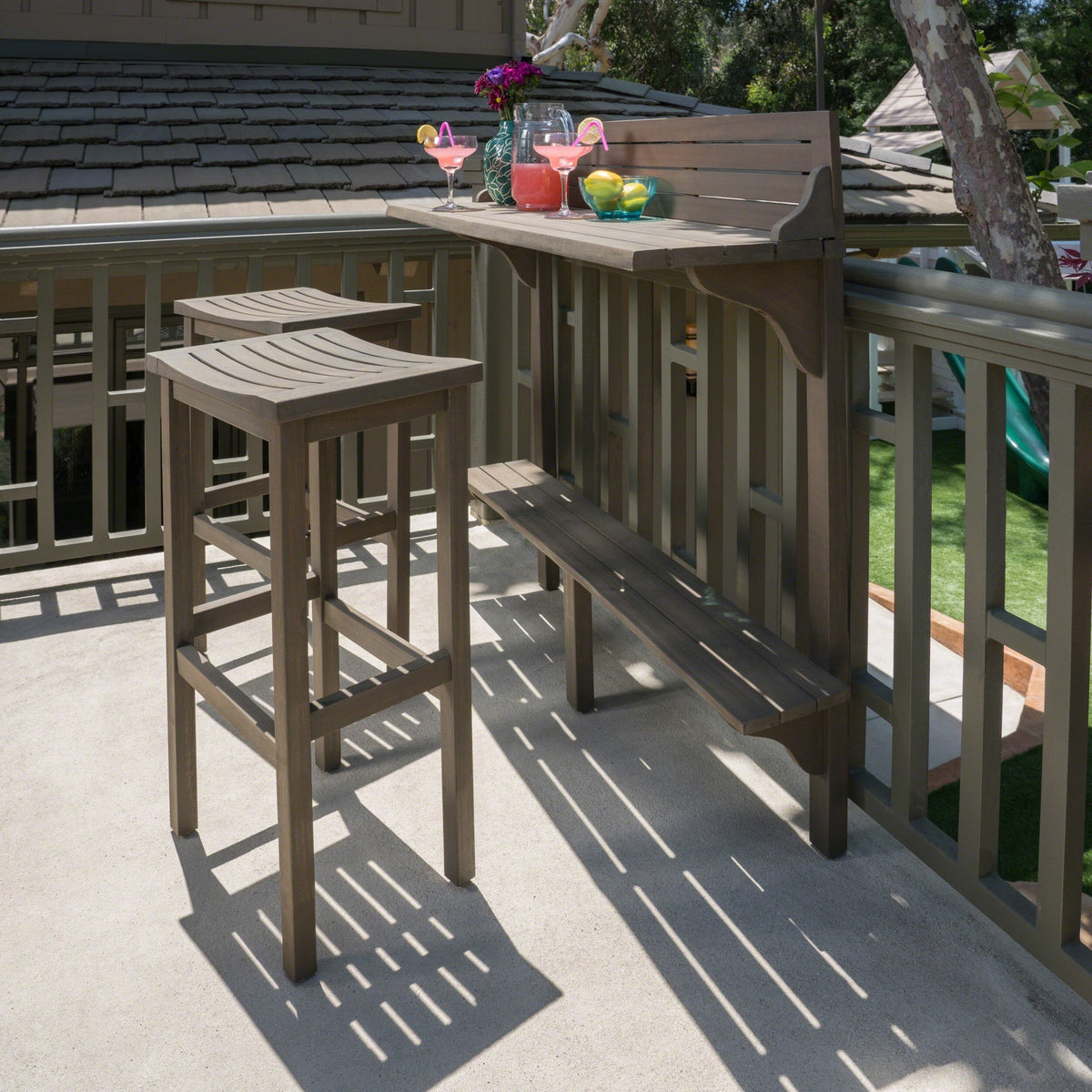 3-Piece Balcony Bar Set with Bottom Shelf Table and 2 Stools, Grey Finish