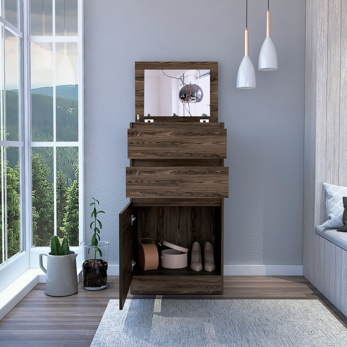 Dresser 43"H, Jewelry Box, Mirror, Single Door Cabinet, Two Drawers, Dark Walnut