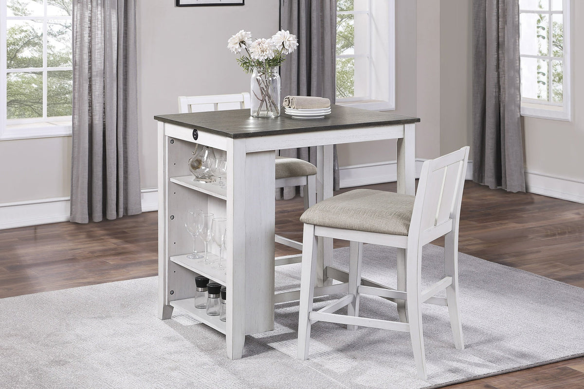 Transitional Design White and Gray Finish 3-piece Pack Counter Height Set Table w Display Shelf USB ports and 2x Counter Height Chairs Fabric Upholstered Dining Furniture