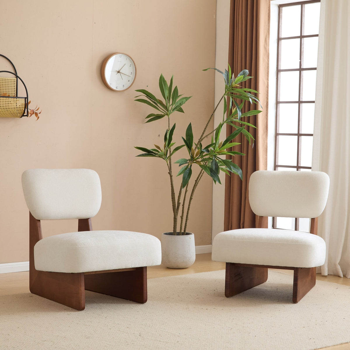 [Set of 2] Modern Beige Lounge Chair with Polyester Upholstery, Sturdy Wood Base With Walnut Finish, Minimalist and Stylish Accent Seating for Living Room, Bedroom, or Office