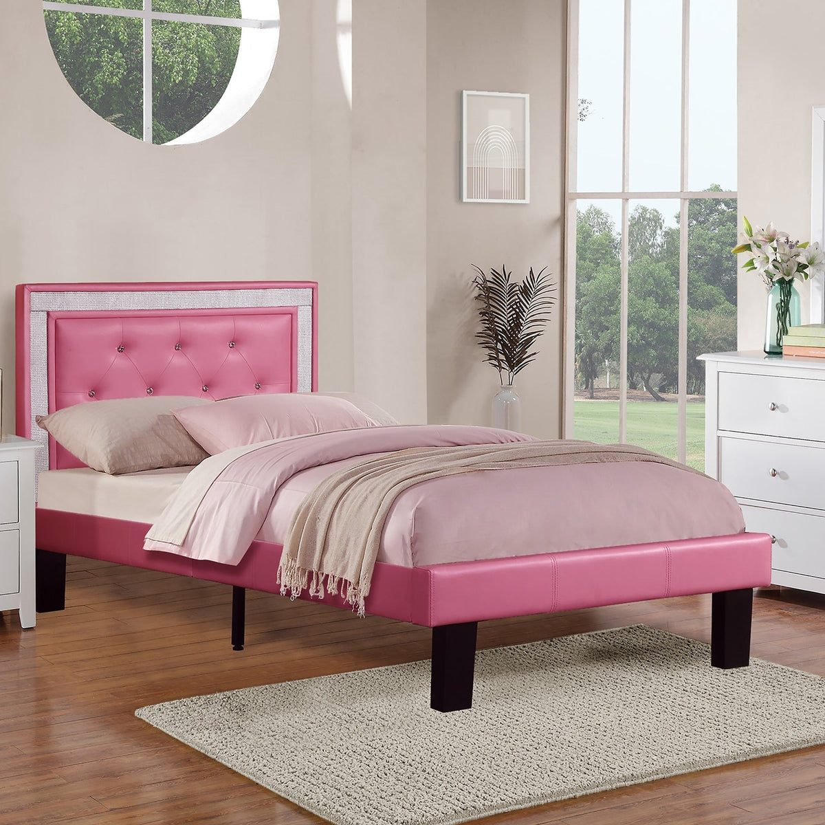 Modern Bedroom Furniture 1pc Twin Size Bed Pink Faux Leather PU Wooden Legs Tufted HB Slats Support
