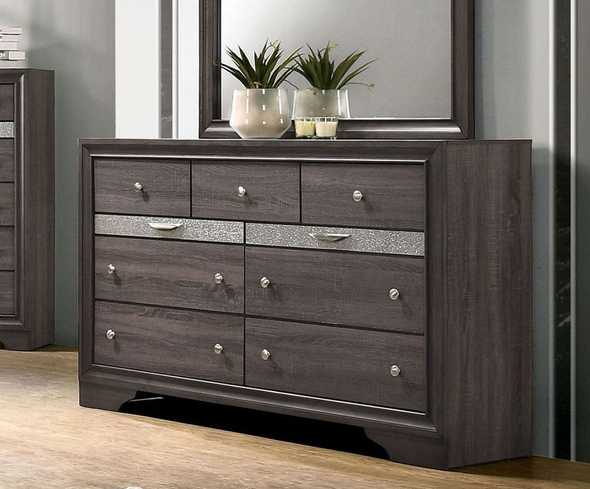 Contemporary 1pc Dresser Hidden Jewelry Drawer English Dovetail Silver Accents Round Knobs Gray Color Bedroom Furniture