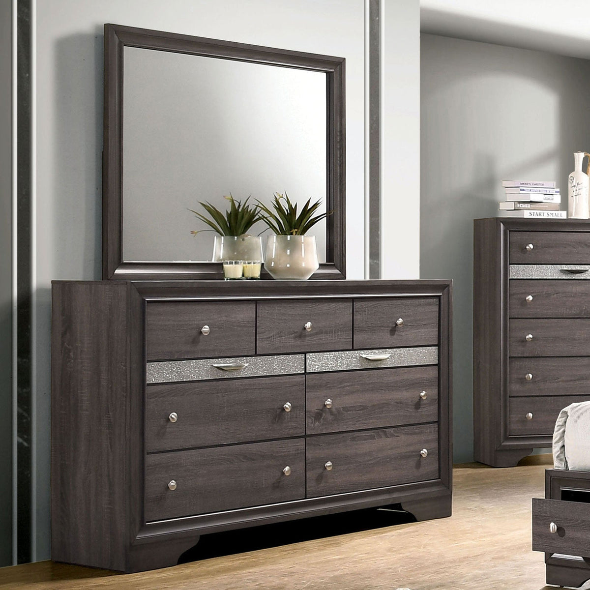 Gray Color Dresser w Mirror Set Hidden Jewelry Drawer English Dovetail Silver Accents Round Knobs Bedroom Furniture