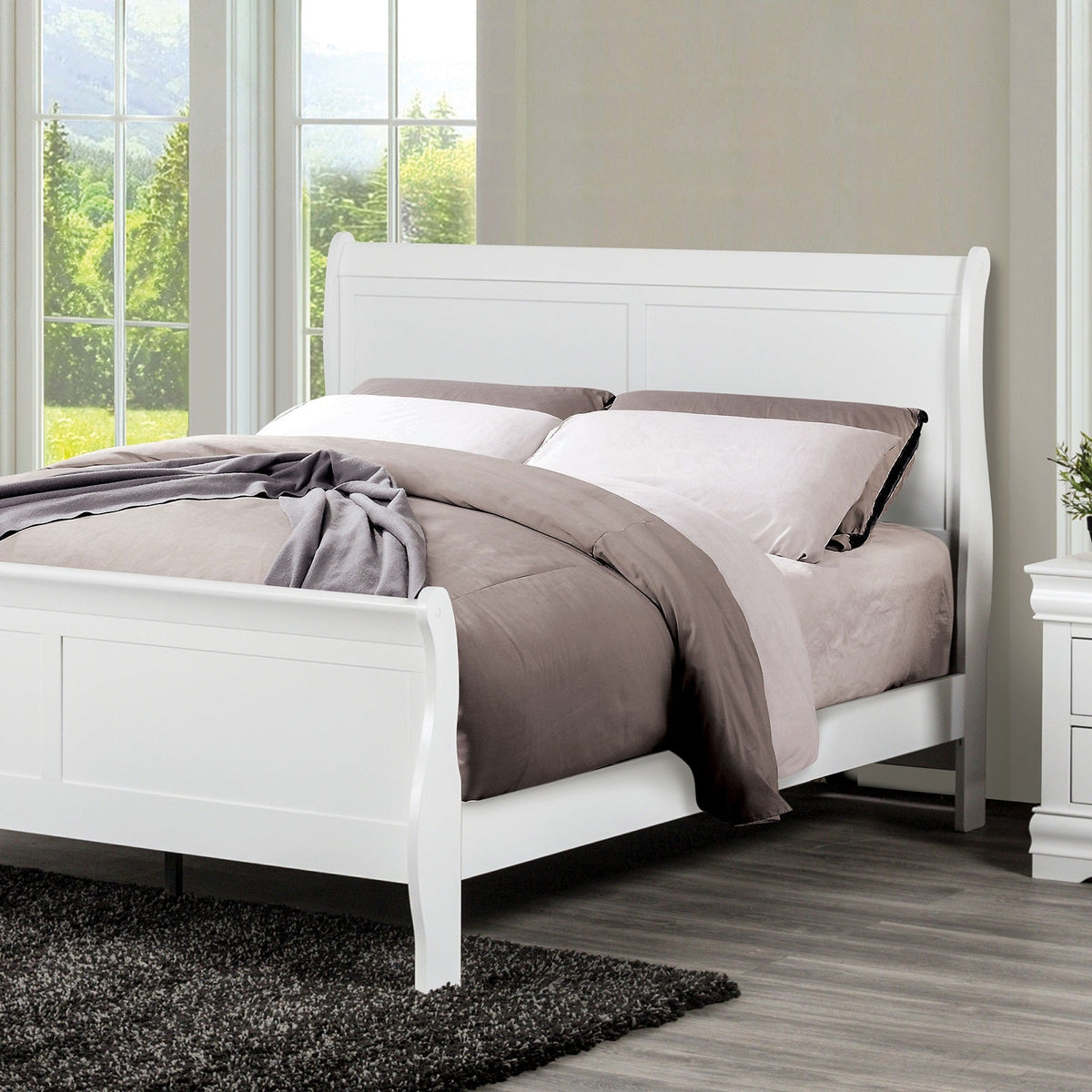 Classic White Sleigh 1pc Queen Size Bed Bedroom Furniture Louis Phillipe Bed Bracket Feet Wooden