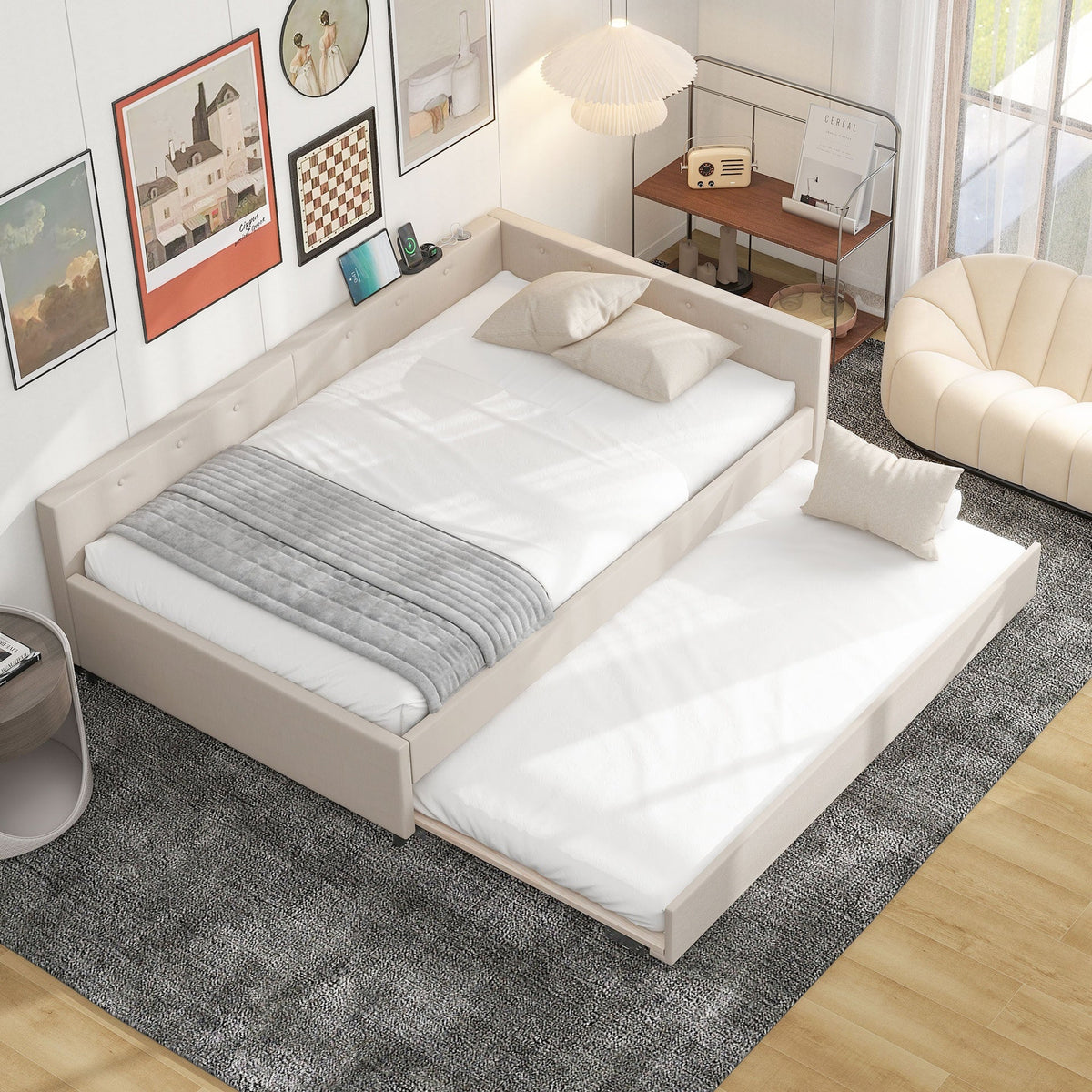 Full Size Upholstered Platform Bed with USB and Twin Size Trundle, Beige