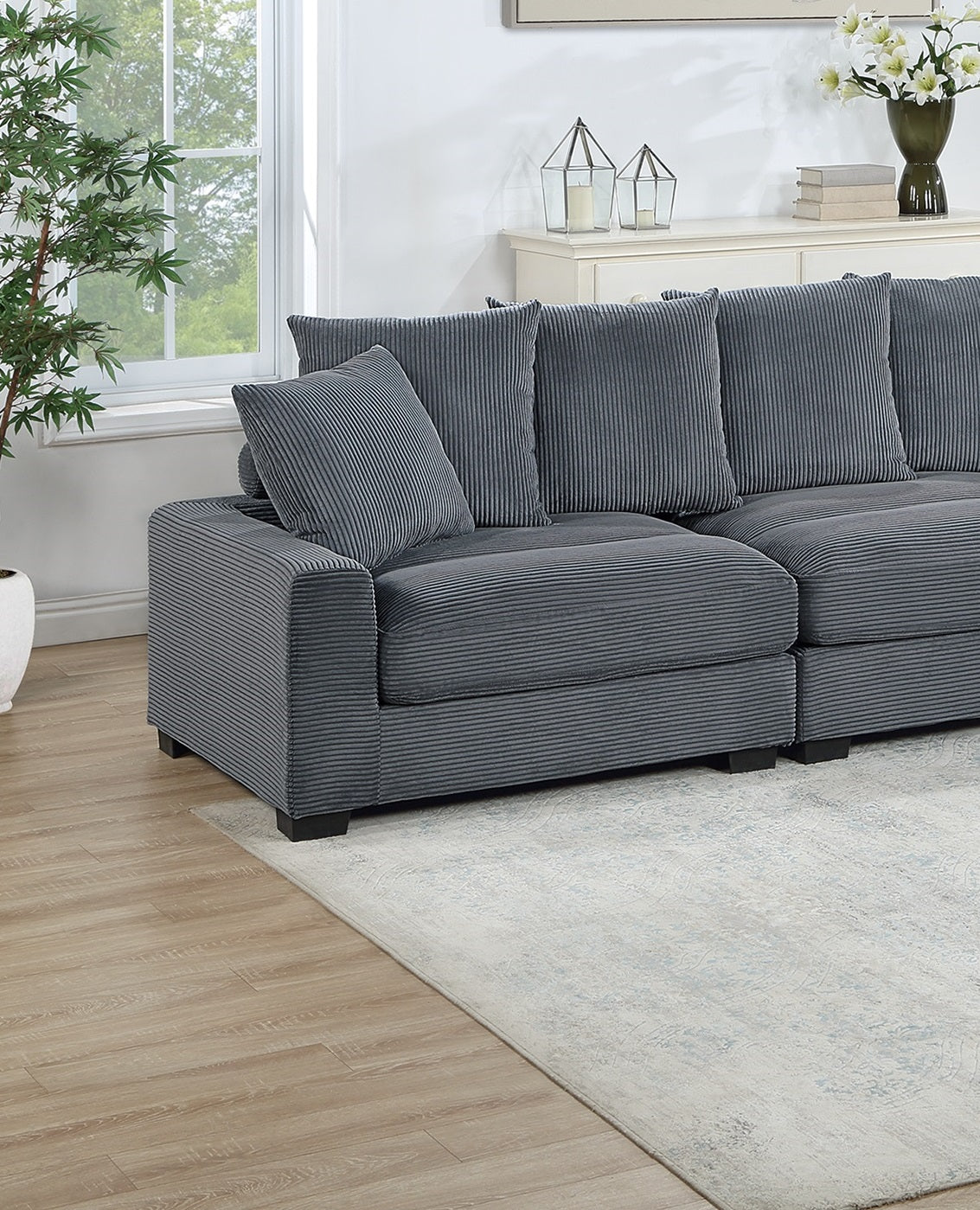 Contemporary Dark Gray 4pc Modular Sectional Set Corduroy Couch LAF & RAF Chairs Armless Chair Ottoman Living Room Furniture
