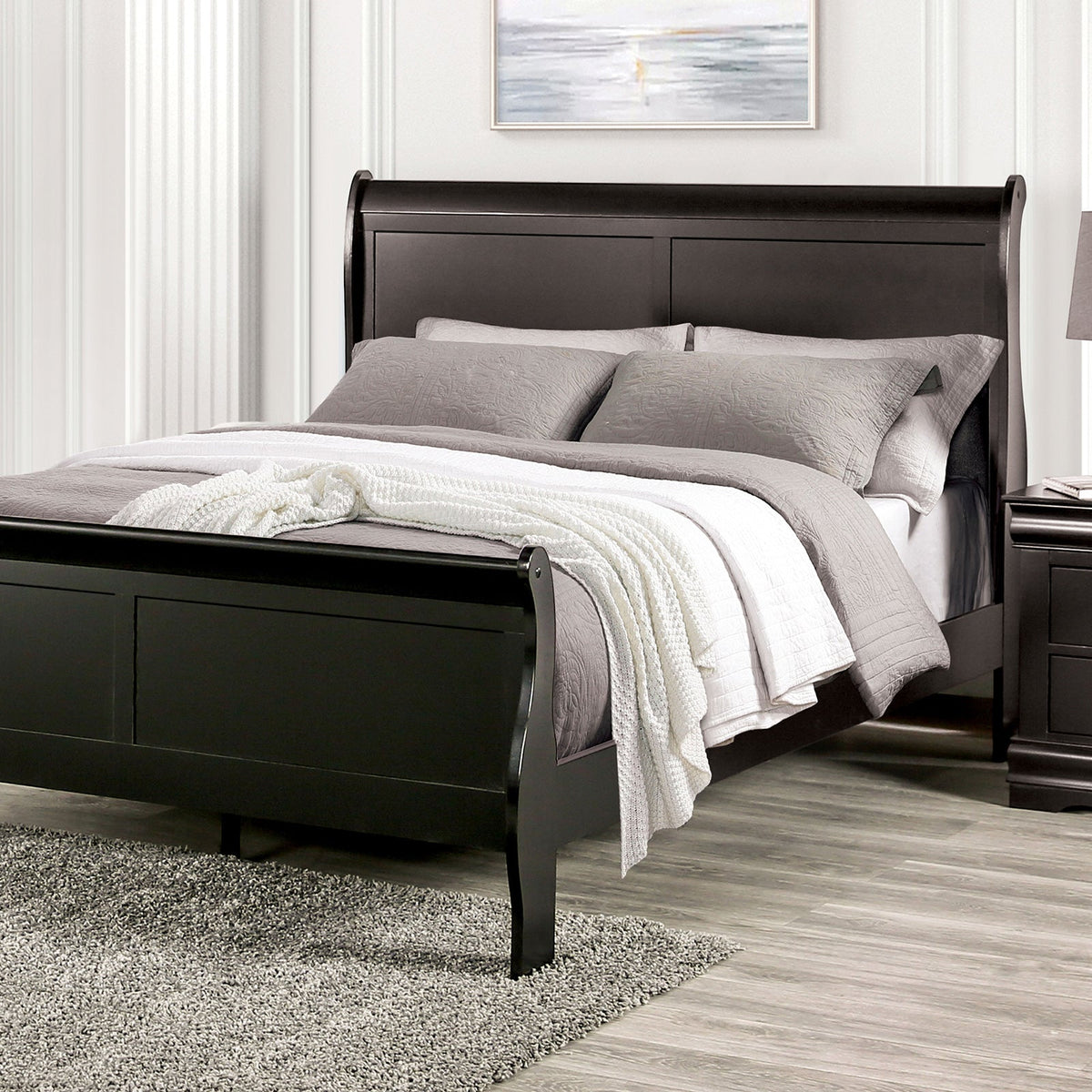 Black Sleigh Design Queen Size Bed Bedroom Furniture 1pc Louis Phillipe Bed Bracket Feet