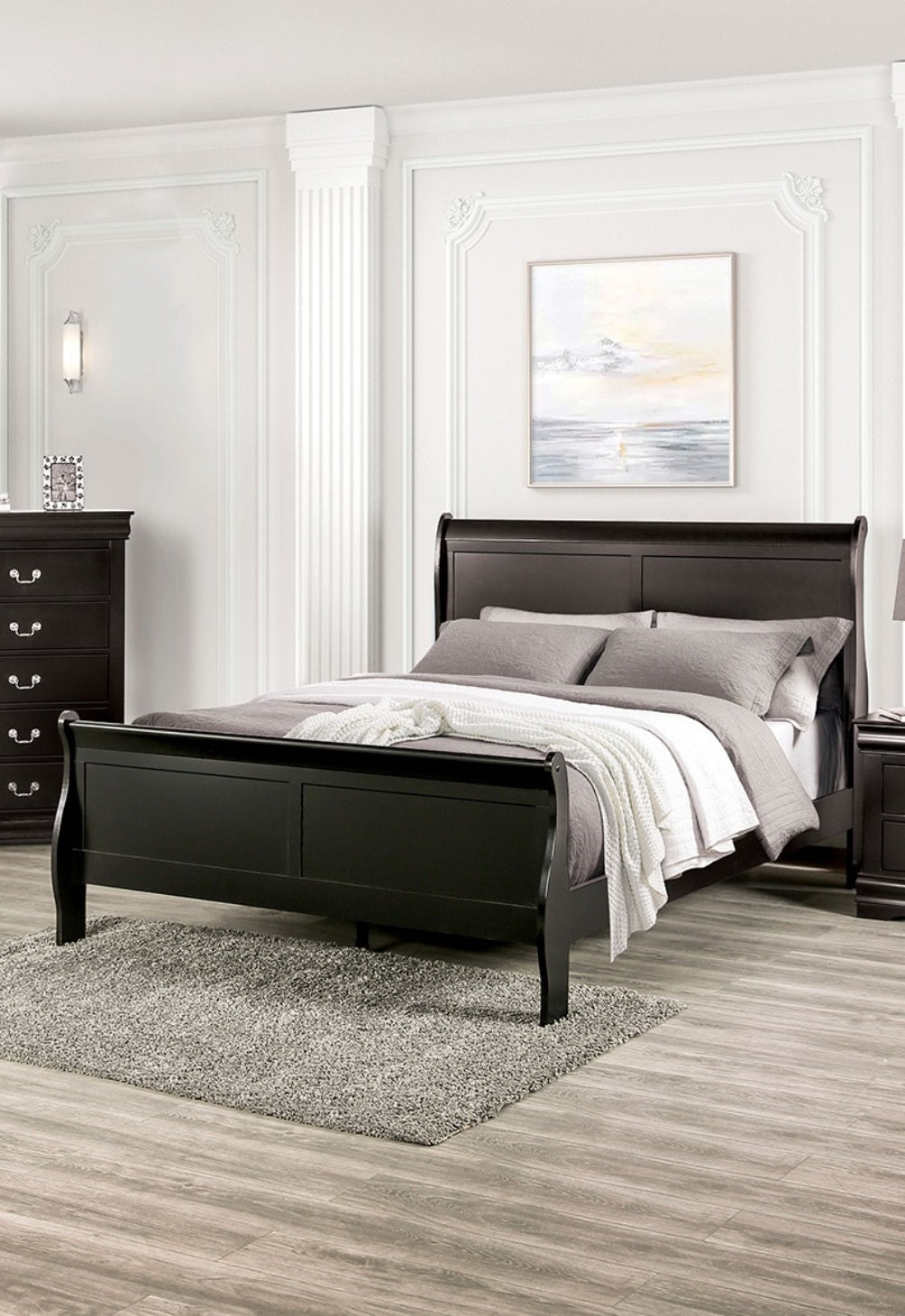 Black Sleigh Design Queen Size Bed Bedroom Furniture 1pc Louis Phillipe Bed Bracket Feet