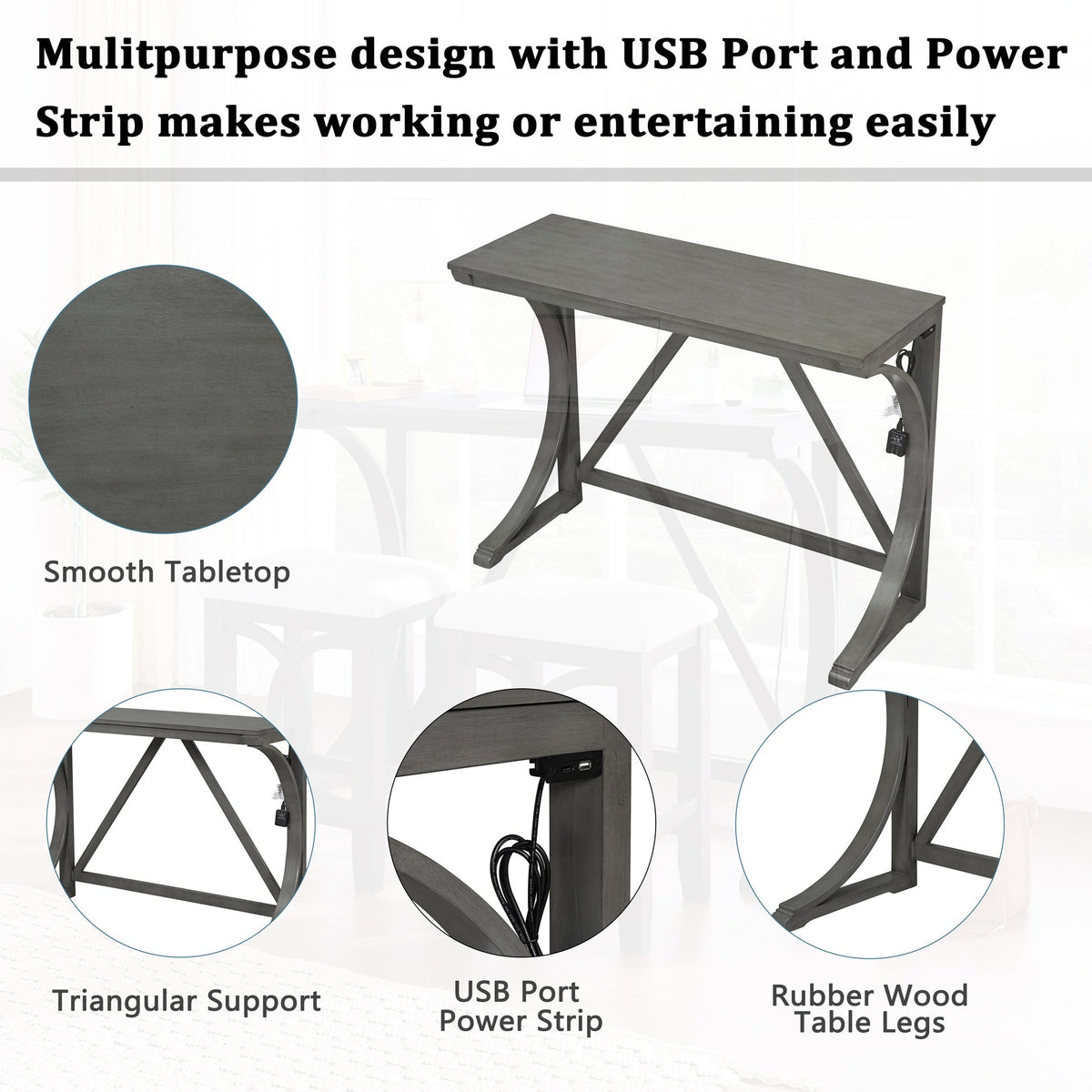 TOPMAX Farmhouse 3-Piece Counter Height Dining Table Set with USB Port and Upholstered Stools,Gray