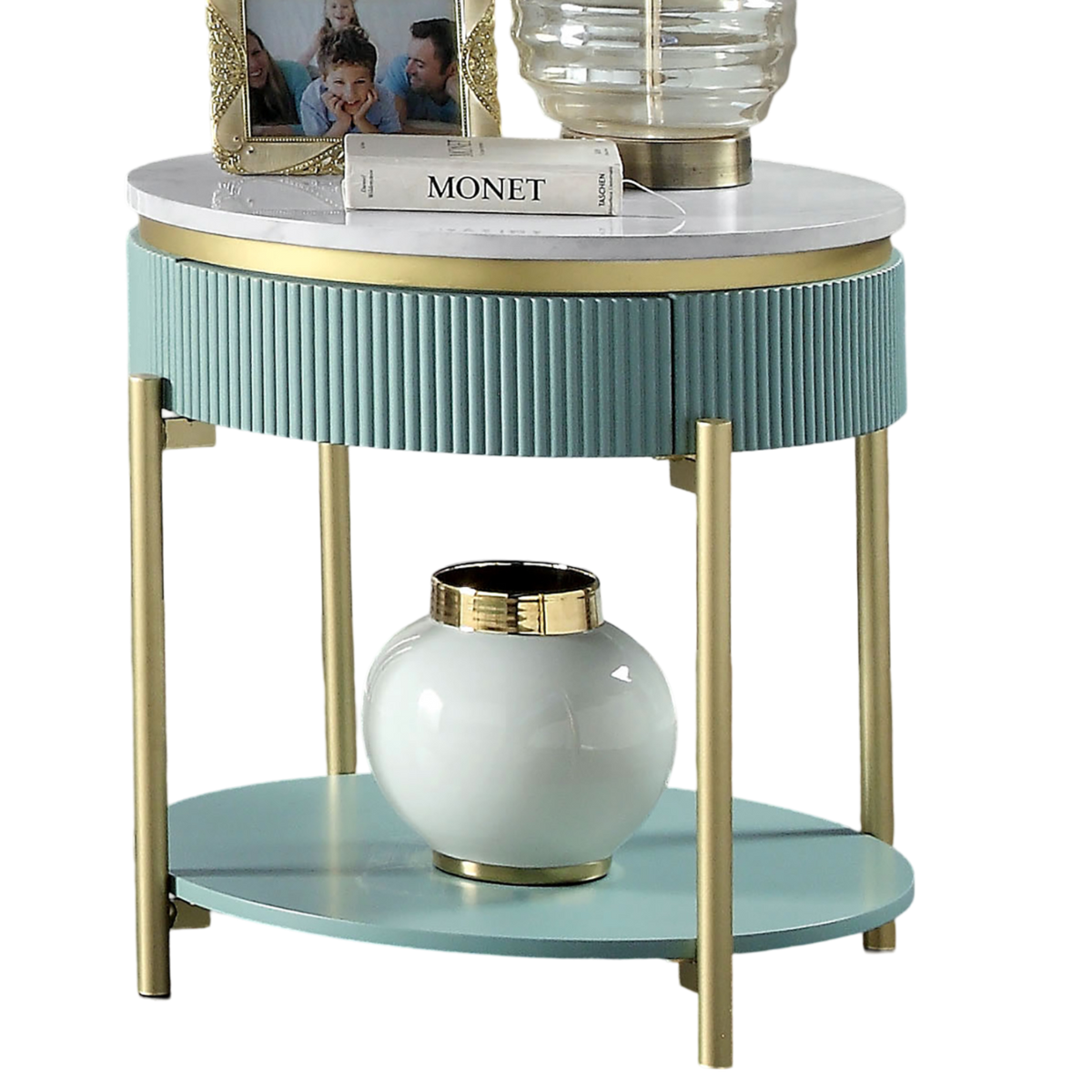 Glam Contemporary Light Teal 1pc End Table White Faux Marble Top Living Room Table Open Bottom Shelve