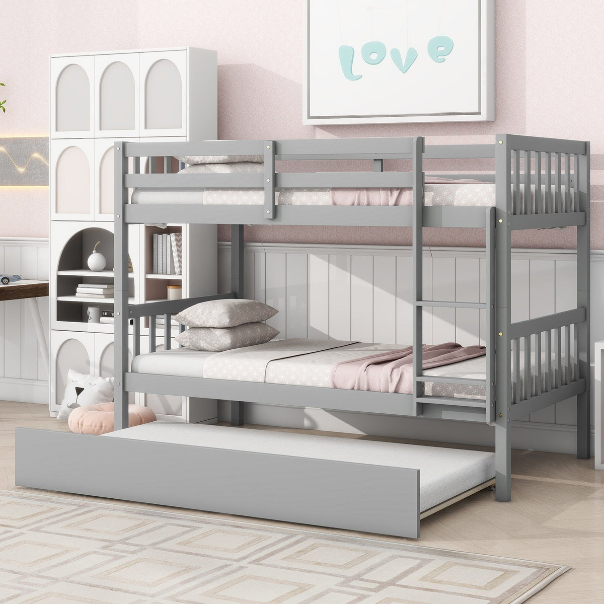 Twin Over Twin Rubber Wood Bunk Bed with Trundle, Convertible into Twin Size Beds, Twin Size Bunk Bed with Ladder and Safety Guardrails,Grey