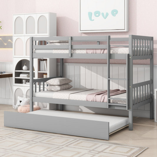 Twin Over Twin Rubber Wood Bunk Bed with Trundle, Convertible into Twin Size Beds, Twin Size Bunk Bed with Ladder and Safety Guardrails,Grey