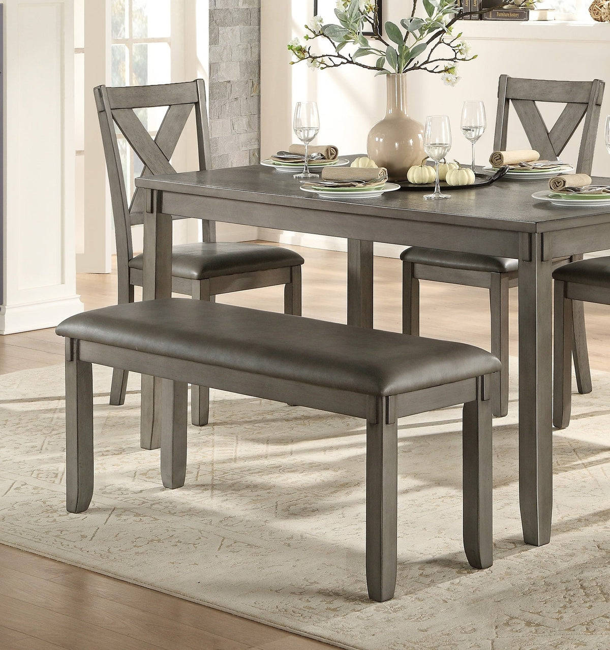 Transitional 6-Piece Dining Set Gray Finish Dining Table Bench 4x Side Chairs Upholstered Seats Wooden Dining Kitchen Furniture