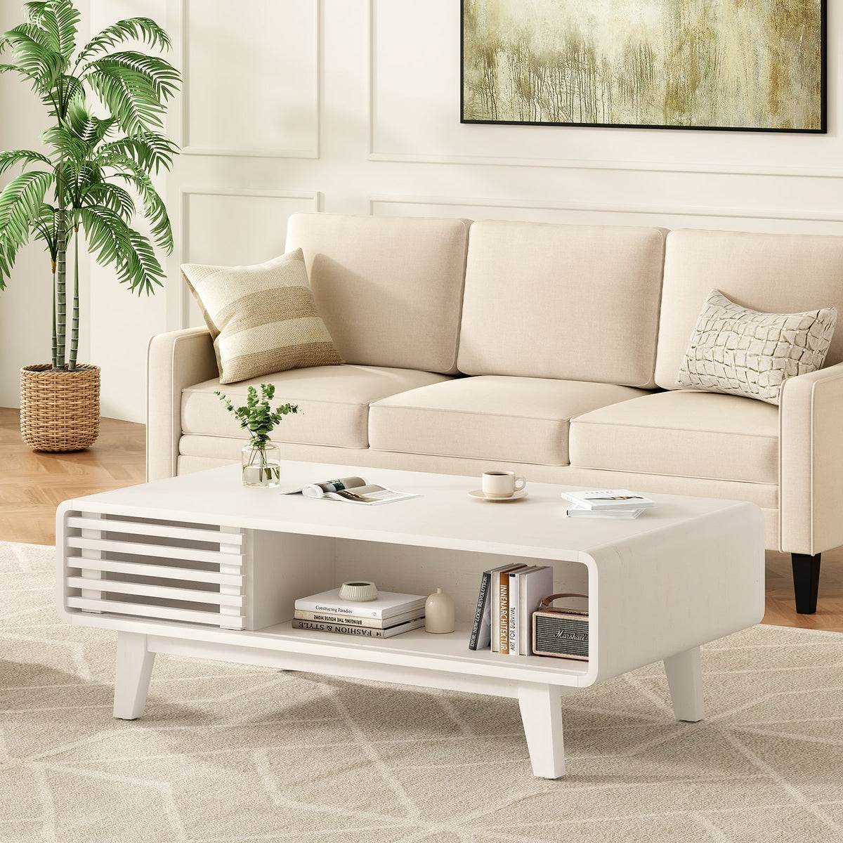 Coffee Table, Living Room Tables, Modern Table with Storage, Mid Century Farmhouse Wood Coffee Table for Living Room