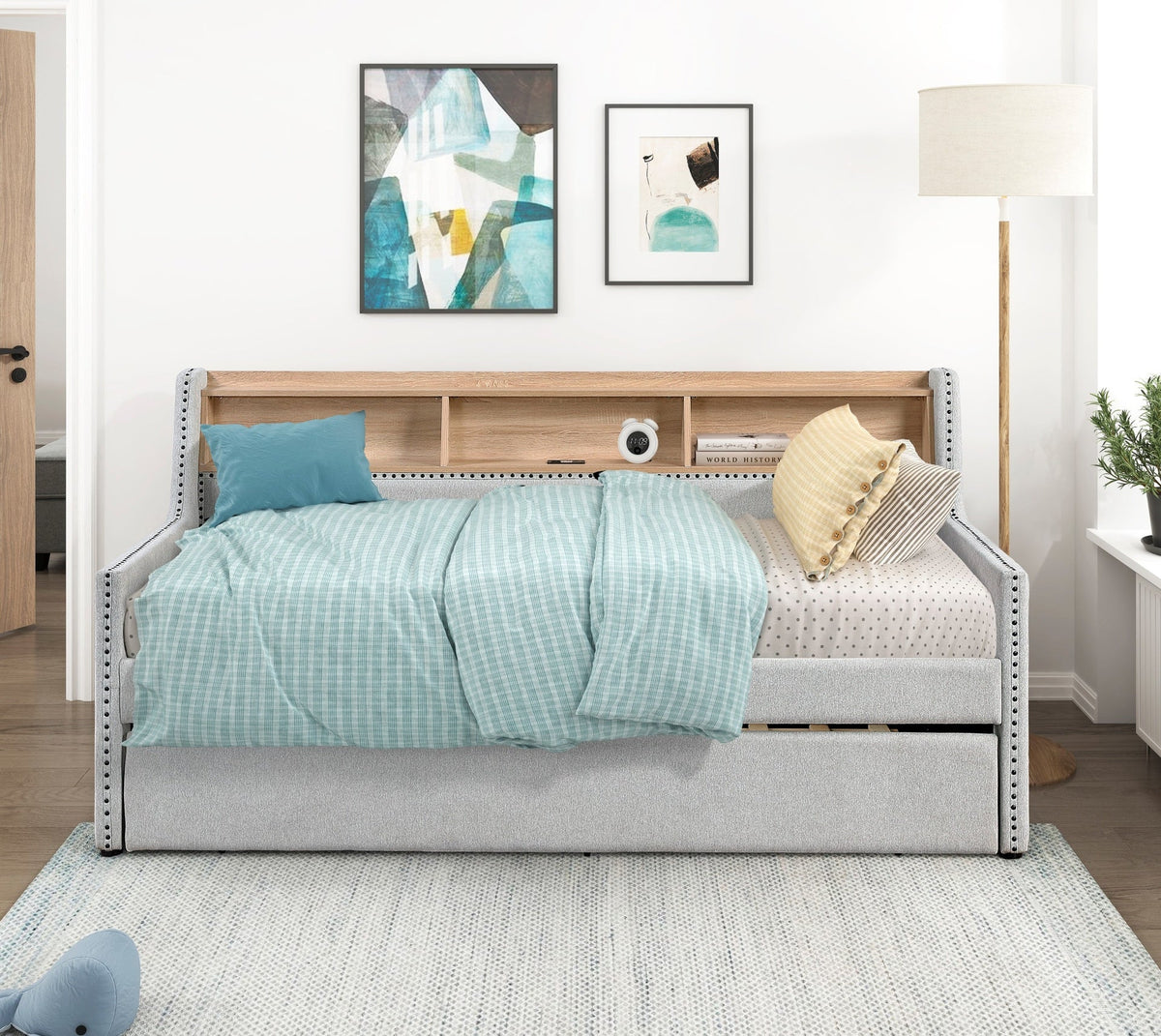 1pc Light Gray Daybed with Pull-Out Trundle Bookcase Side Panel Charging Ports Nailhead Trim Modern Design Furniture