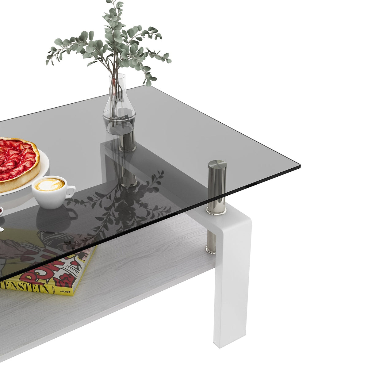 Rectangle Coffee Table, Tempered Glass Tabletop with MDF Layer, Modern Table for Living Room , Gray Glass