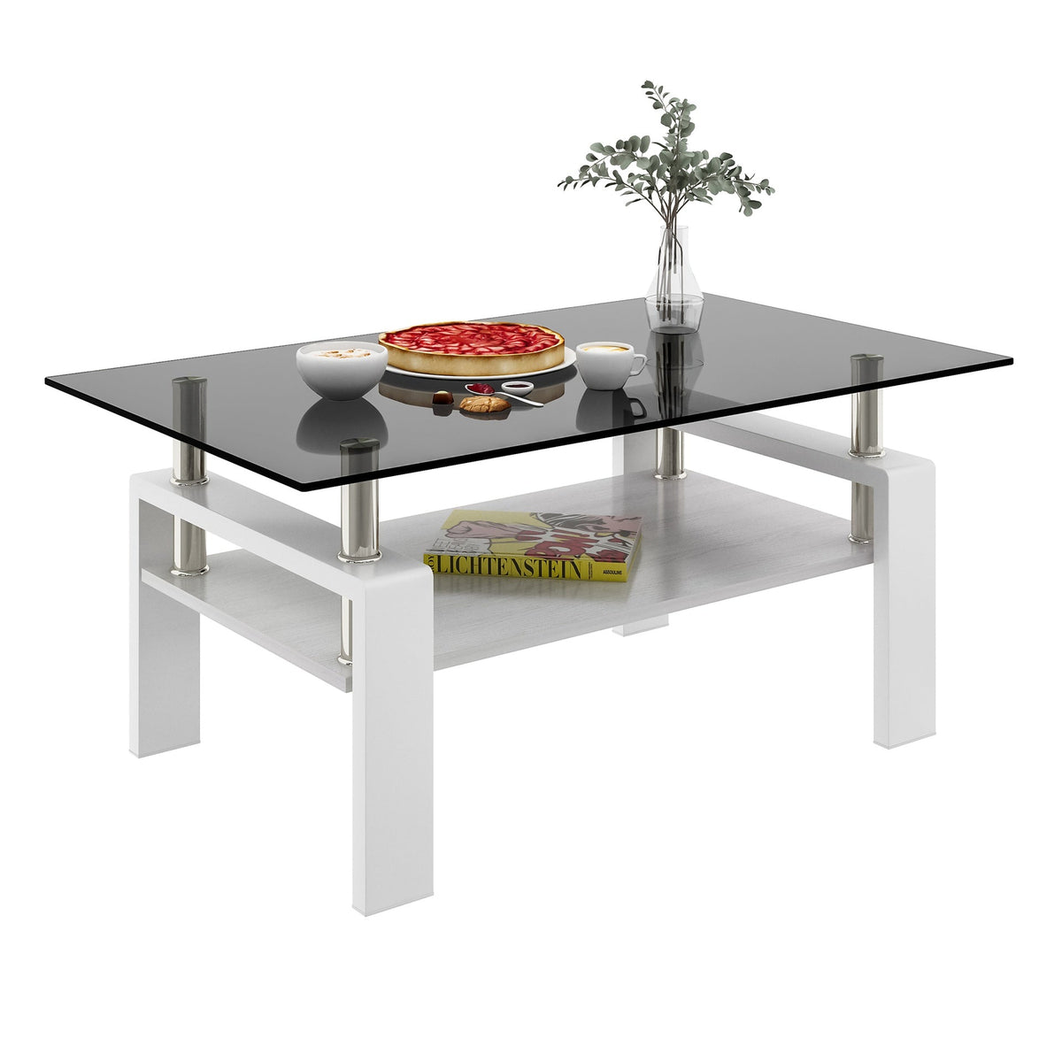 Rectangle Coffee Table, Tempered Glass Tabletop with MDF Layer, Modern Table for Living Room , Gray Glass