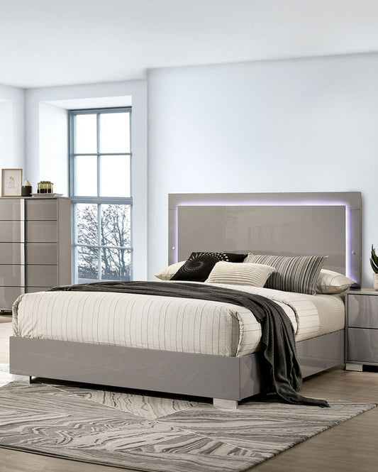 Contemporary Light Taupe 1pc Eastern King Size Bed w LED Headboard UV Finish Bedframe Bedroom Furniture