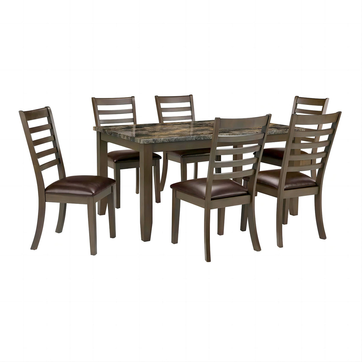 Simple Classic Brown 7pc Dining Set Faux Marble Top Dining Table 6xSide Chairs Leatherette Seats Dining Room Furniture