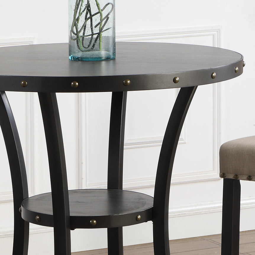 Biony 3-Piece 36" Round Espresso Finish Bar Table with 2 Tan Fabric Nail Head Pub Chairs