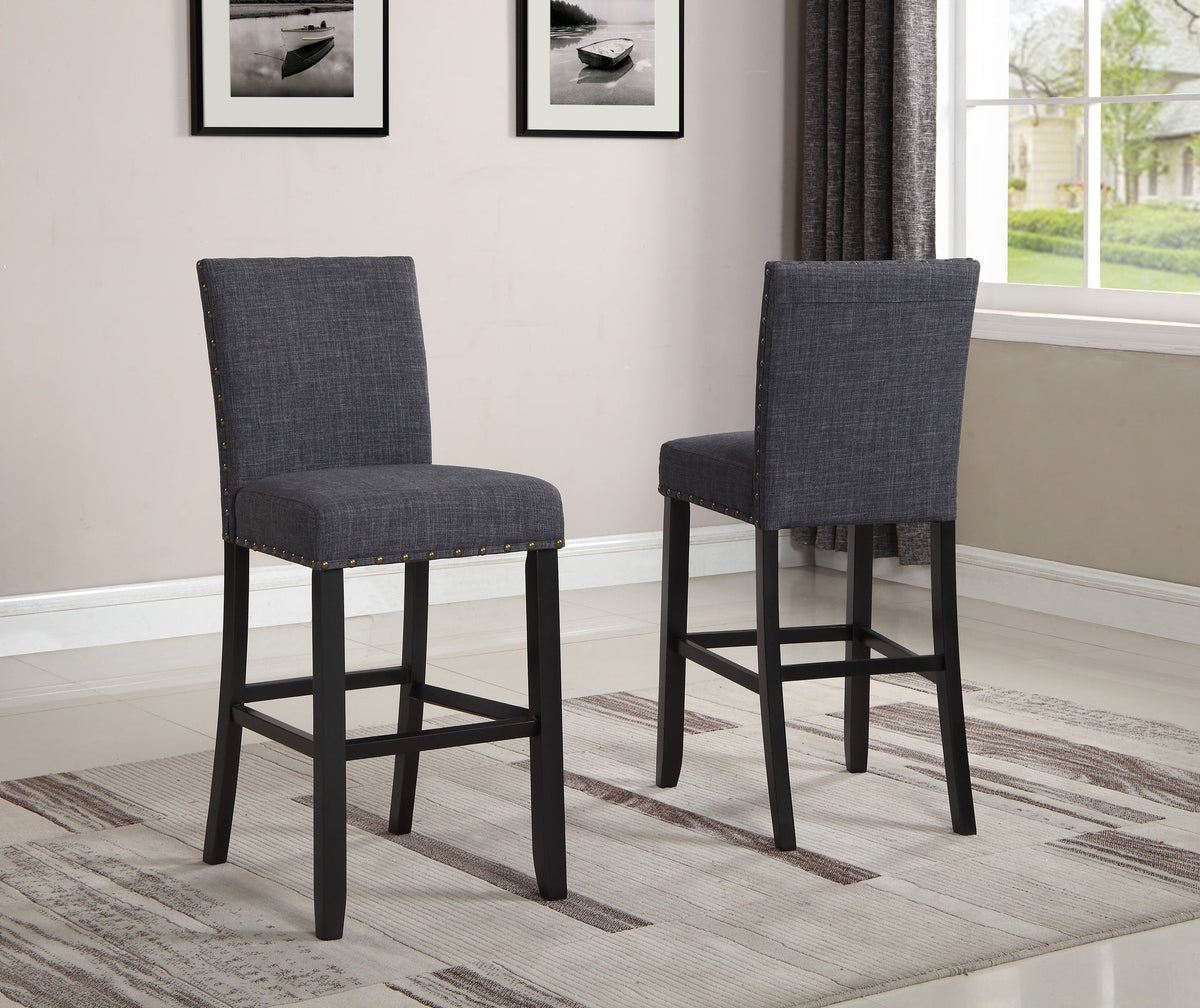 Biony 3-Piece 36" Round Espresso Finish Bar Table with 2 Gray Fabric Nail Head Pub Chairs