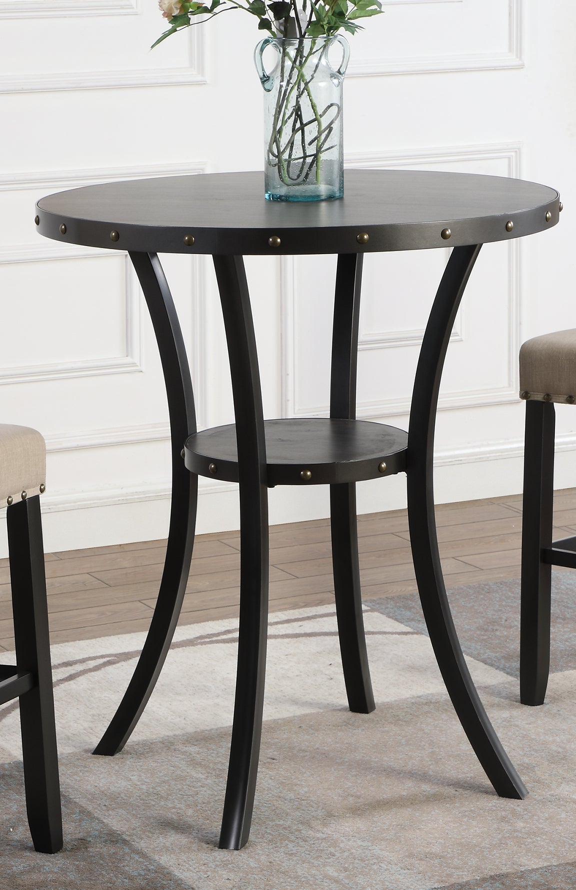 Biony 3-Piece 36" Round Espresso Finish Bar Table with 2 Gray Fabric Nail Head Pub Chairs