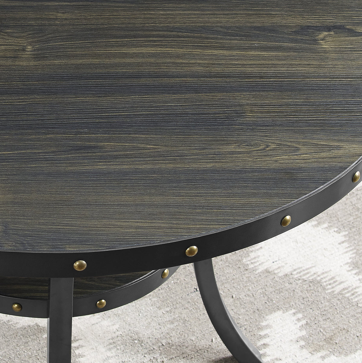 Biony 3-Piece 36" Round Espresso Finish Bar Table with 2 Blue Fabric Nail Head Pub Chairs