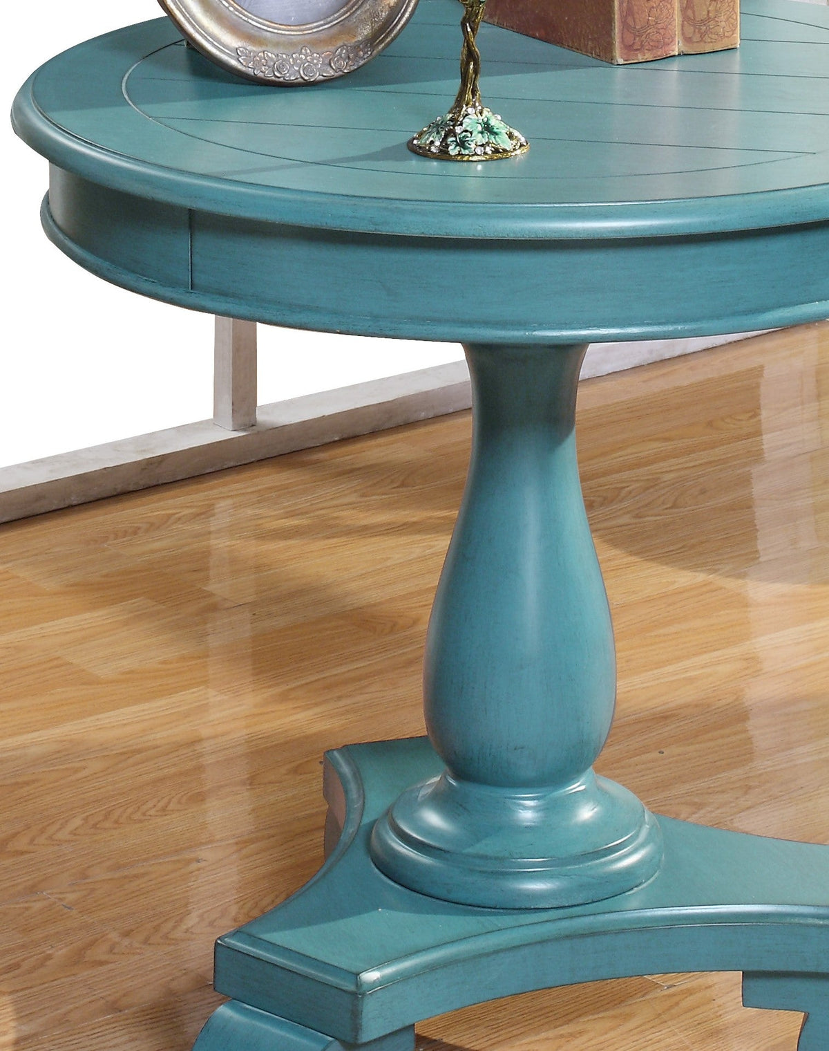 Rene Round Wood Pedestal Side Table, Teal