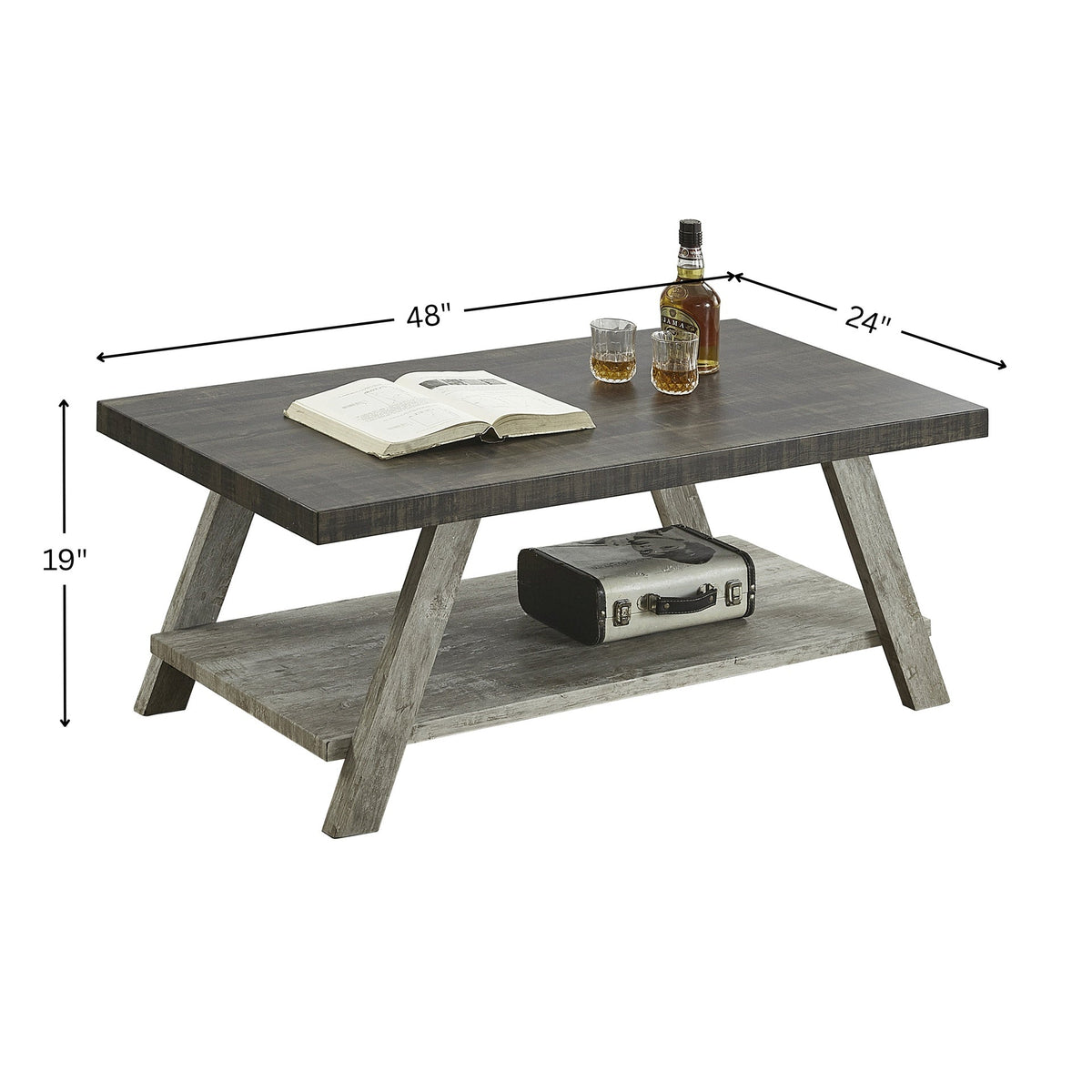 Athens Contemporary Two-Tone Wood Shelf Coffee Table in Weathered Walnut and Gray