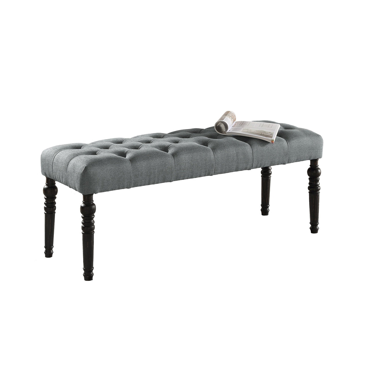 Leviton Fabric Tufted Turned Leg  Dining Bench, Gray