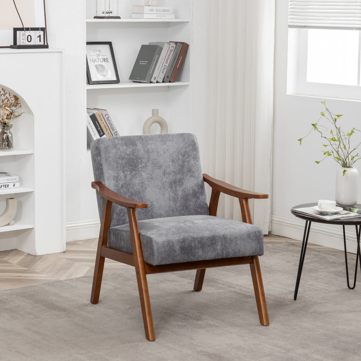 Accent Chair with Microfiber Upholstery and Solid Wood Frame, Classic Mid-Century Modern Living Room Furniture for Extra Seating, Grey