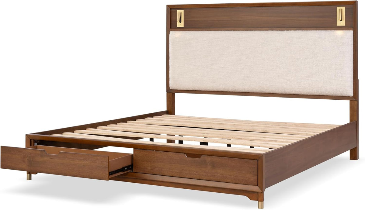 Mid-Century Modern 1pc Eastern King Size Bed w Storage Drawers Walnut Solid wood Upholstered HB Reading Light Bedroom Furniture