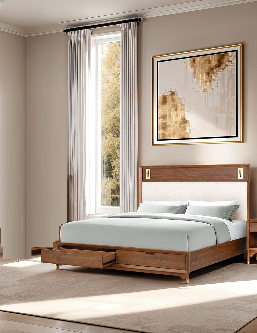 Mid-Century Modern 1pc Eastern King Size Bed w Storage Drawers Walnut Solid wood Upholstered HB Reading Light Bedroom Furniture