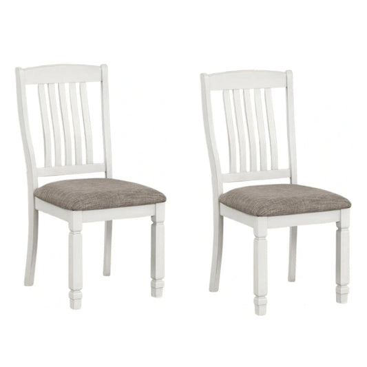 Dola Side Dining Chair Set of 2, Rustic White Wood, Gray Fabric, Slat Back