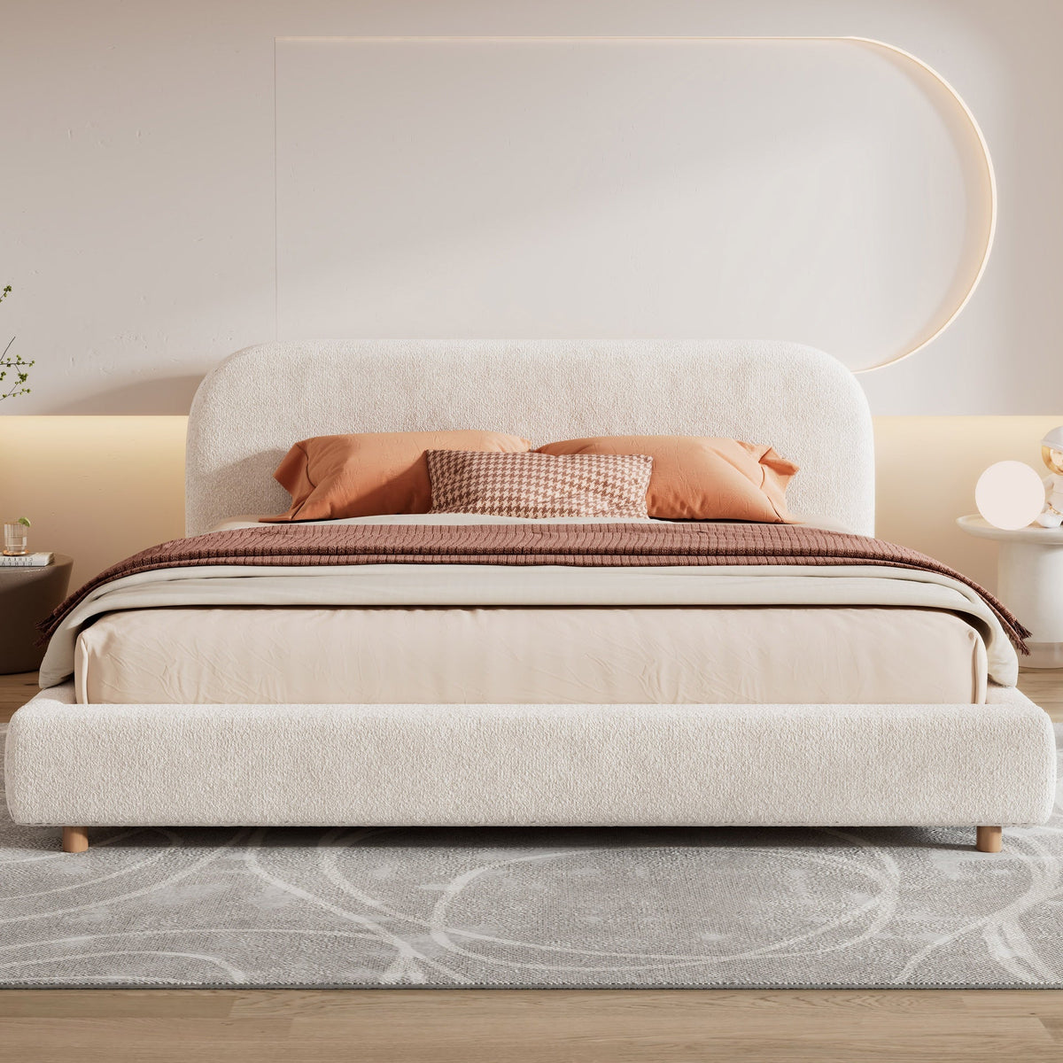 King Size Platform Bed with Boucle Fabric, Boucle Fabric Upholstered Platform Bed with Curve-Shaped Design Headboard, White, Easy Assembly